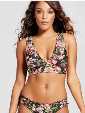 Mossimo green & pink floral bikini top new medium
